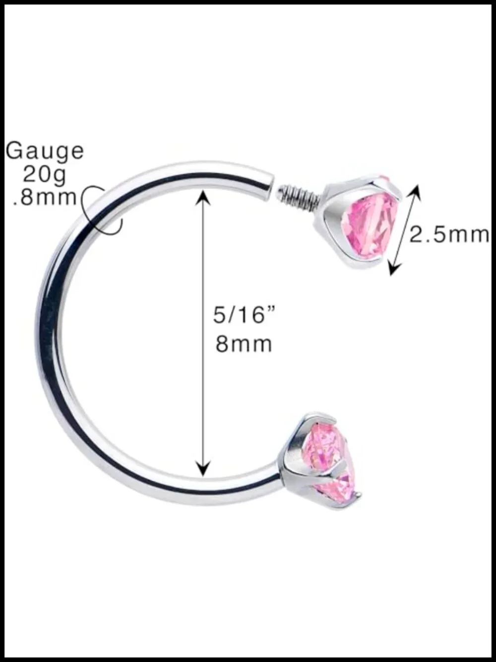 Solid Titanium Horseshoe Nose Ring Internally Threaded CZ 20G